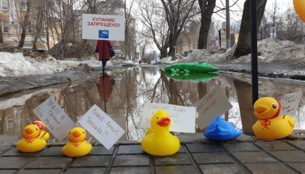 Резиновые уточки и крокодил в лужах Перми